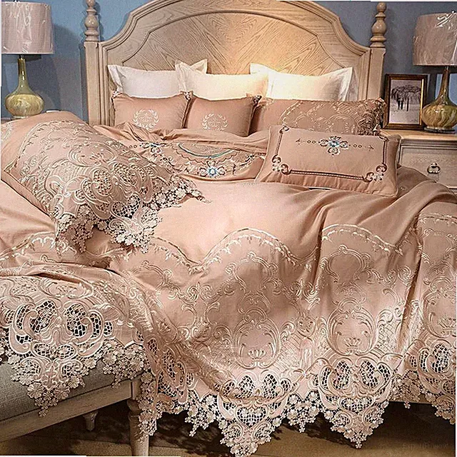 Luxury bedding set 6pcs 100S pima cotton hollow lace quilt cover flat sheet set
