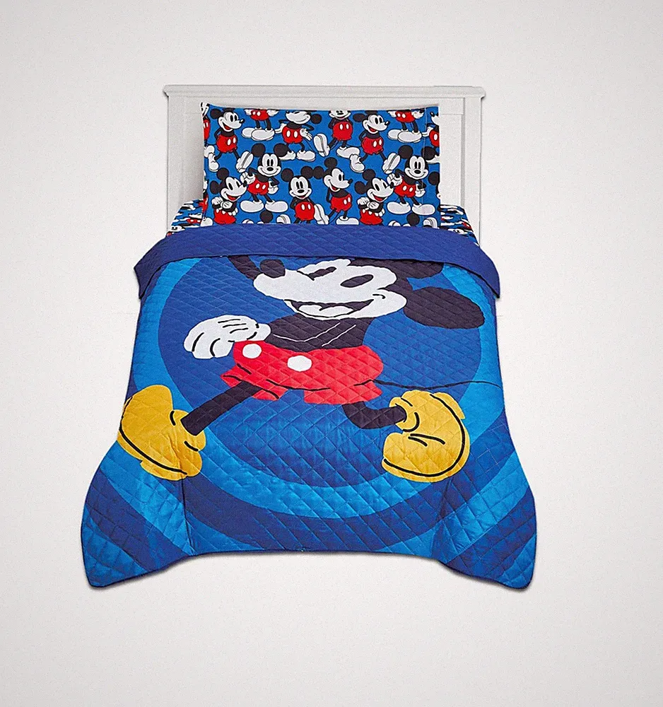 Mickey Mouse Twin Bedding Bedspread, Flat Sheet, Fitted Sheet Pillowcase 4 Piece