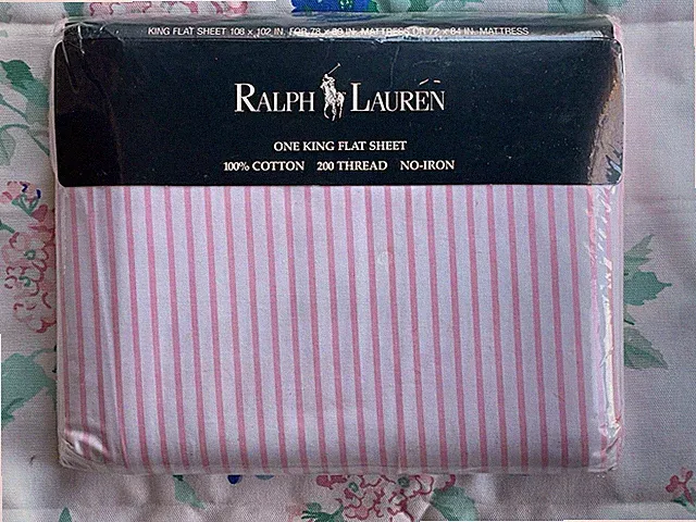 Rare NEW RALPH Lauren *KING Naussau FLAT SHEET PINK White STRIPE Vintage Shabby