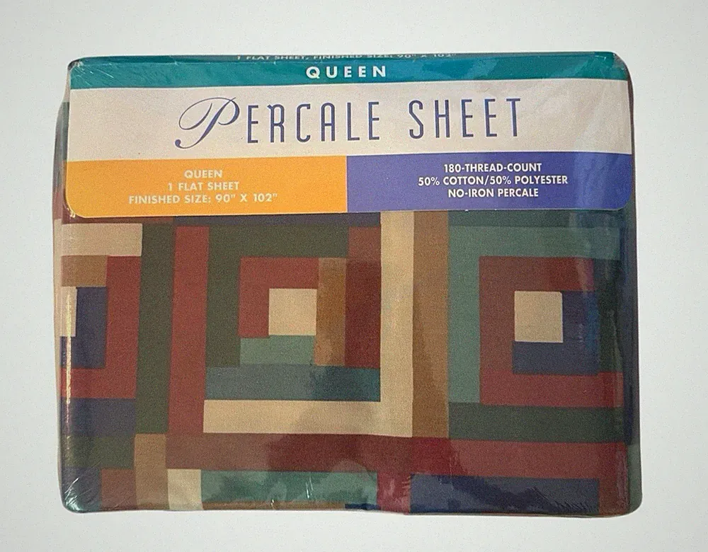 Vintage 80s Geometric Flat Sheet Queen Percale Bedding Log Cabin Quilt Pattern