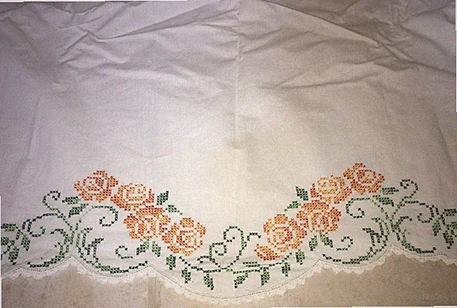 vintage white orange cotton DOUBLE LACE BED FULL FLAT TOP SHEET COVERLET 80X102