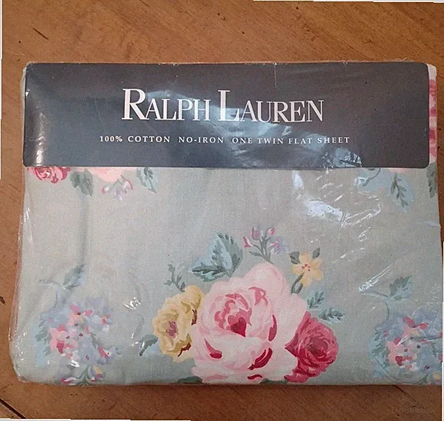 Vtg RALPH LAUREN Cottage Lane Green Floral Rose TWIN Flat Sheet Seaside Cottage